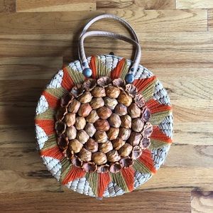 Round Woven Straw Tote Bag with Orange Accent